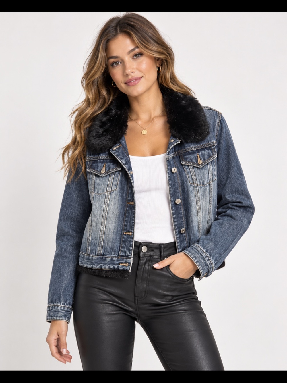 Vintage Route 66 Y2K Faux Fur Trim Denim Jacket Medium